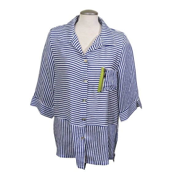 IC Connie K Button Up Shirt Blouse Womens L White Blue Striped Zippers Flax - Picture 1 of 11